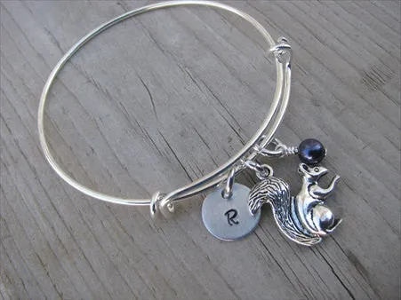 Squirrel Charm Bracelet -Adjustable Bangle Bracelet with an Initial Charm and an Accent Bead of your choice