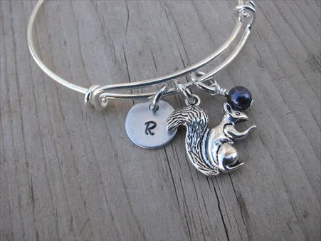 Squirrel Charm Bracelet -Adjustable Bangle Bracelet with an Initial Charm and an Accent Bead of your choice