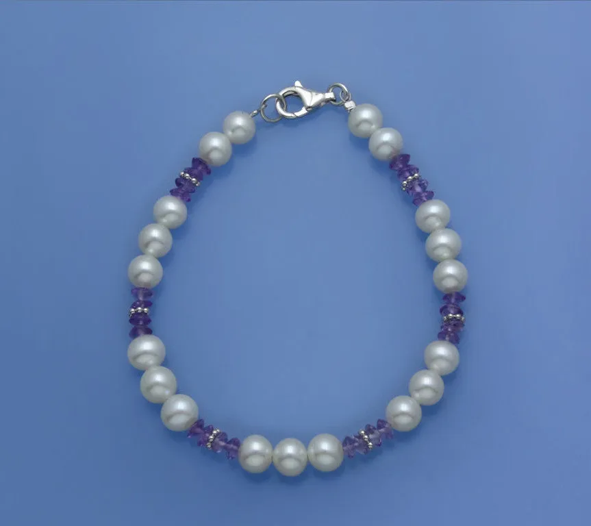 Sterling Silver Bracelet with 6-6.5mm Potato Shape Freshwater Pearl and Amethyst