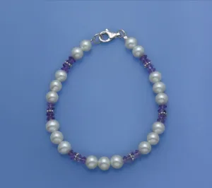 Sterling Silver Bracelet with 6-6.5mm Potato Shape Freshwater Pearl and Amethyst