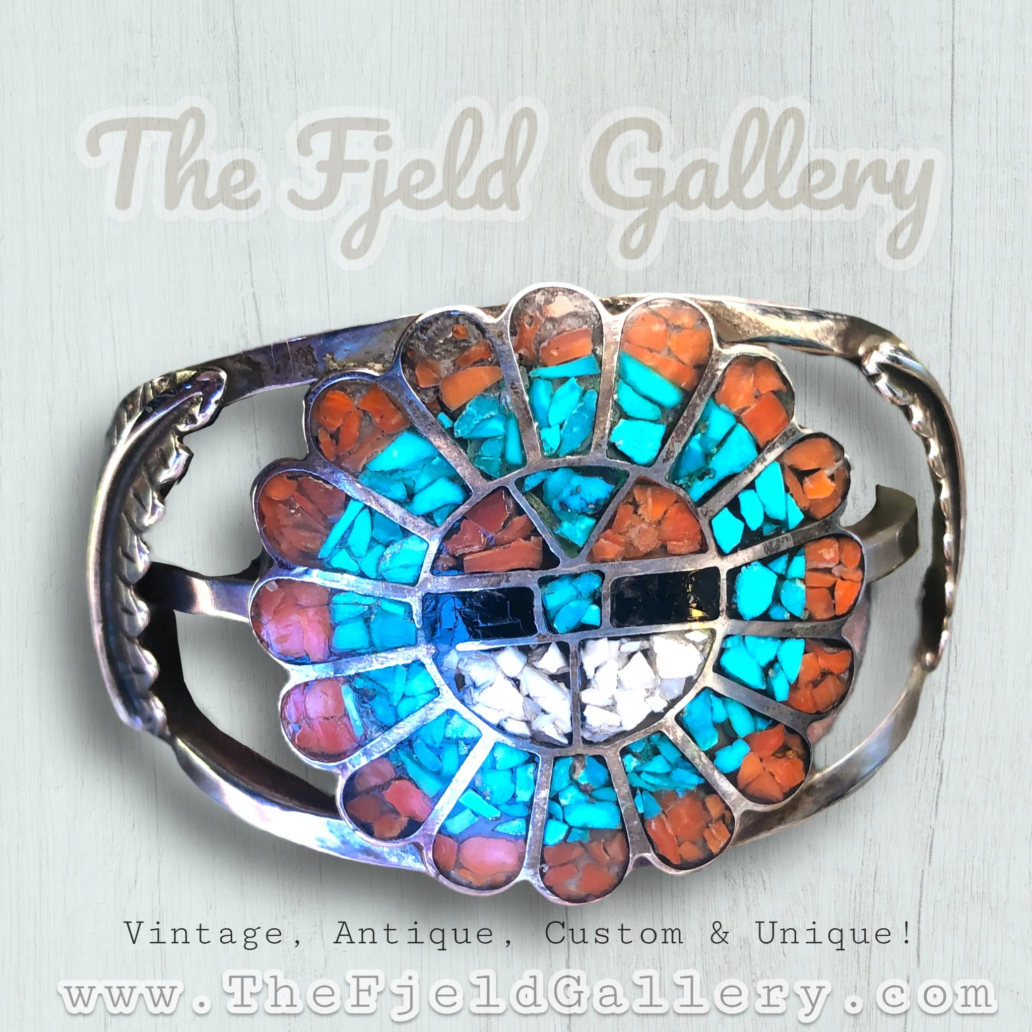 Sterling Silver Zuni Sun God Coral, Tirquoise, Onyx & Mother of Pearl Inlay Cuff Bracelet
