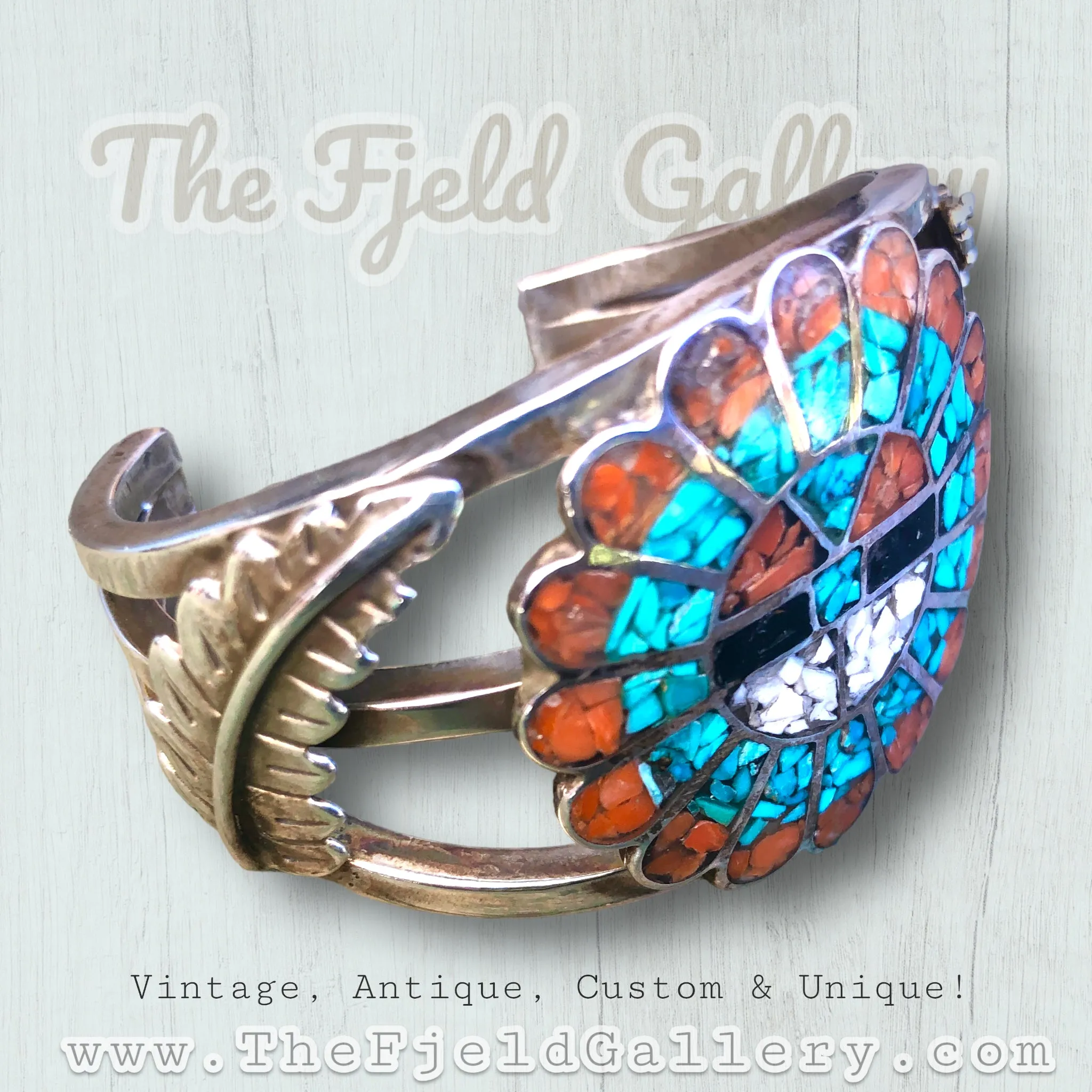 Sterling Silver Zuni Sun God Coral, Tirquoise, Onyx & Mother of Pearl Inlay Cuff Bracelet