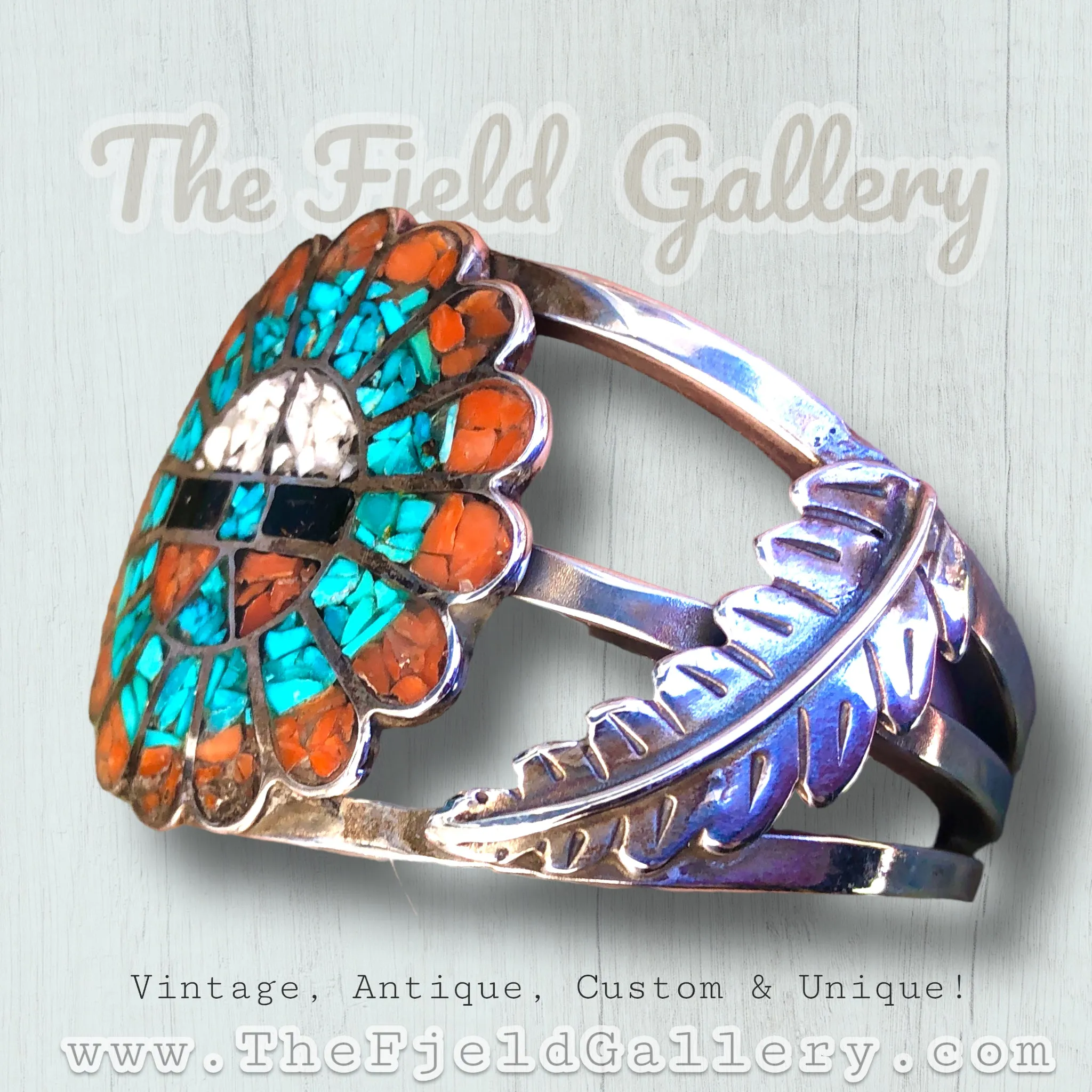 Sterling Silver Zuni Sun God Coral, Tirquoise, Onyx & Mother of Pearl Inlay Cuff Bracelet