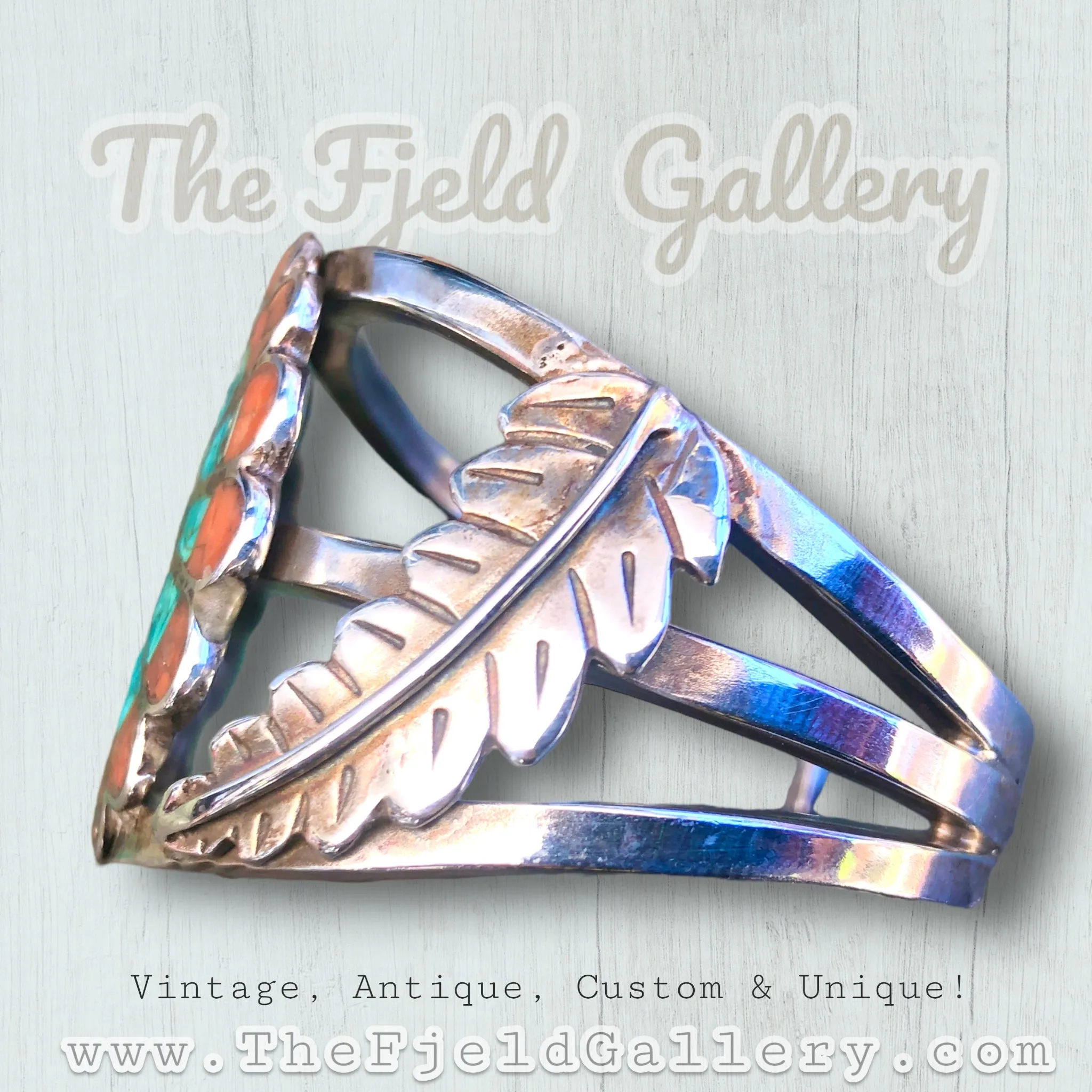 Sterling Silver Zuni Sun God Coral, Tirquoise, Onyx & Mother of Pearl Inlay Cuff Bracelet