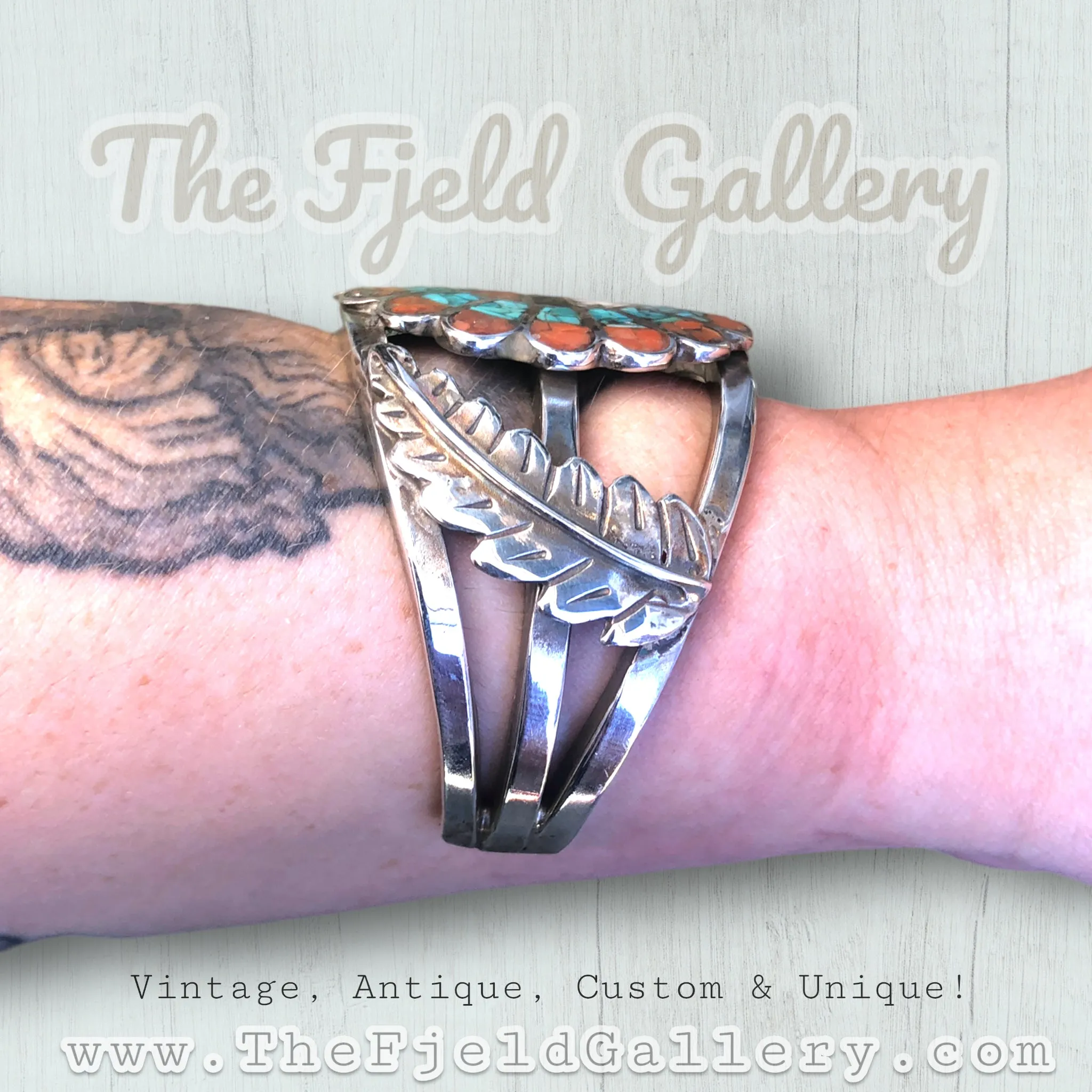 Sterling Silver Zuni Sun God Coral, Tirquoise, Onyx & Mother of Pearl Inlay Cuff Bracelet