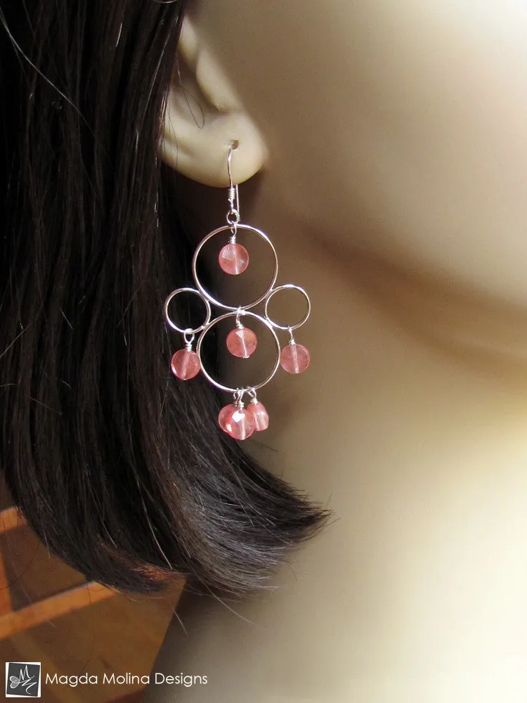 The Silver Bubble Cluster And Faceted Cherry Quartz Earrings