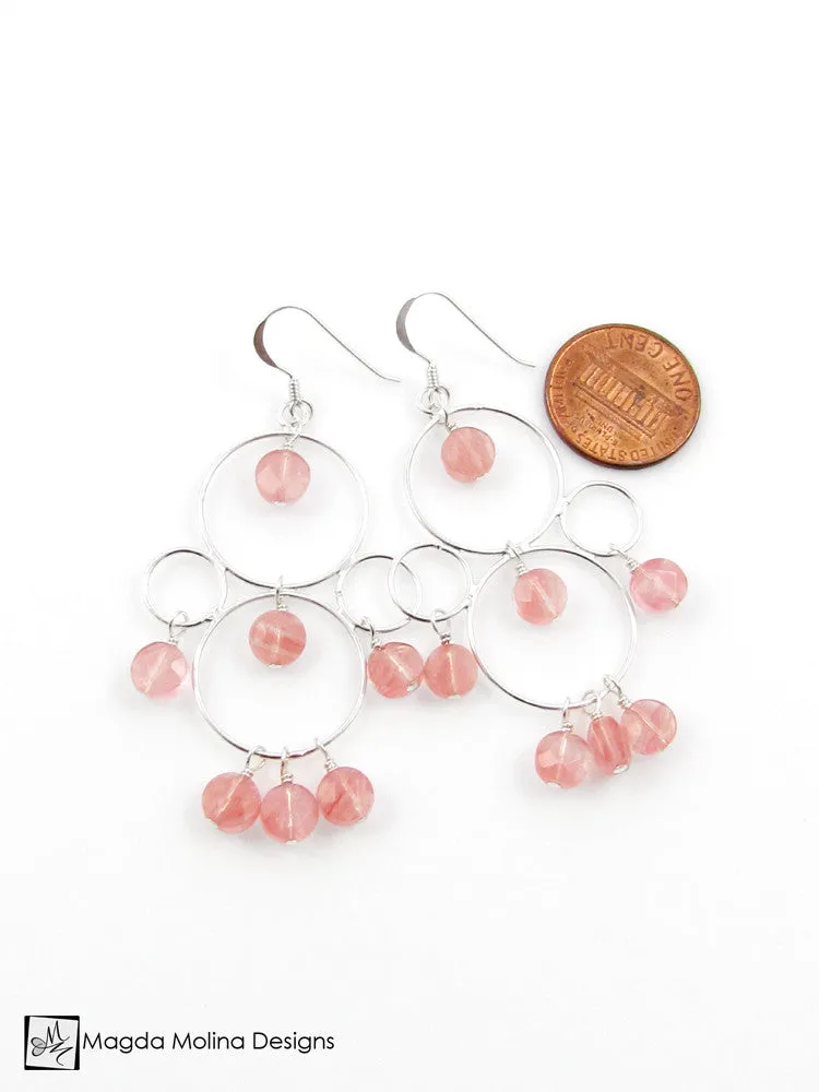 The Silver Bubble Cluster And Faceted Cherry Quartz Earrings