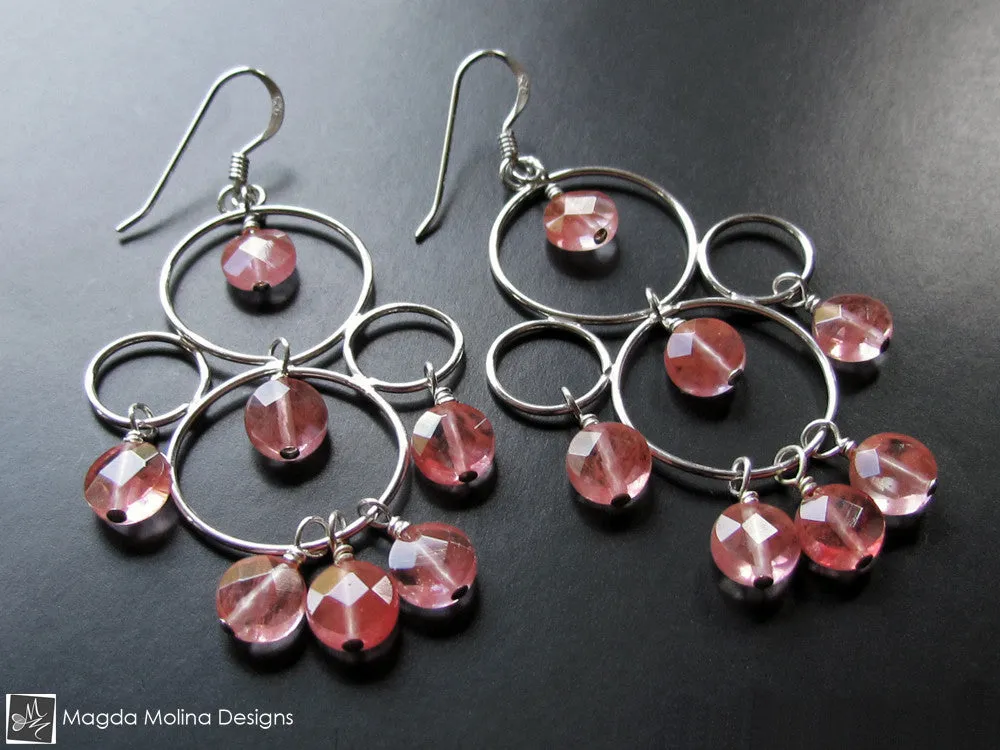 The Silver Bubble Cluster And Faceted Cherry Quartz Earrings