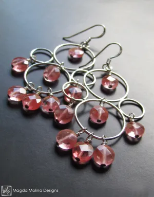 The Silver Bubble Cluster And Faceted Cherry Quartz Earrings