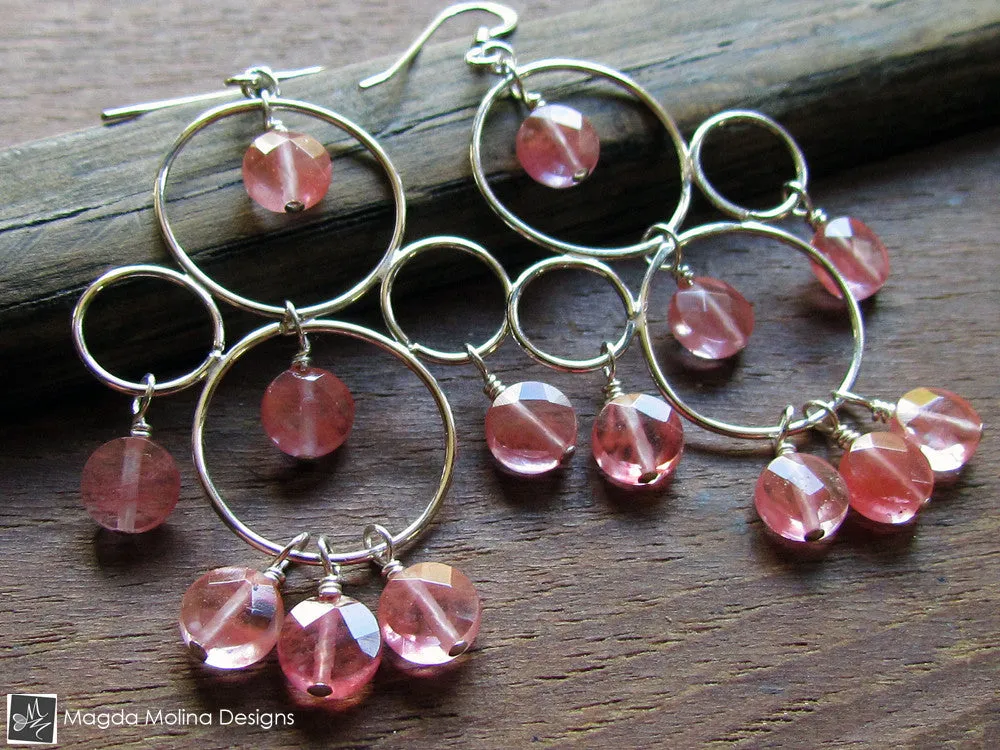 The Silver Bubble Cluster And Faceted Cherry Quartz Earrings