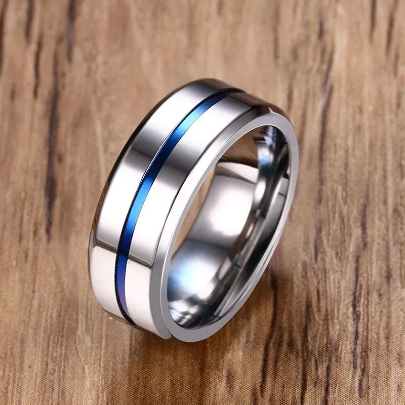 Thin Aqua Groove Stainless Steel Ring