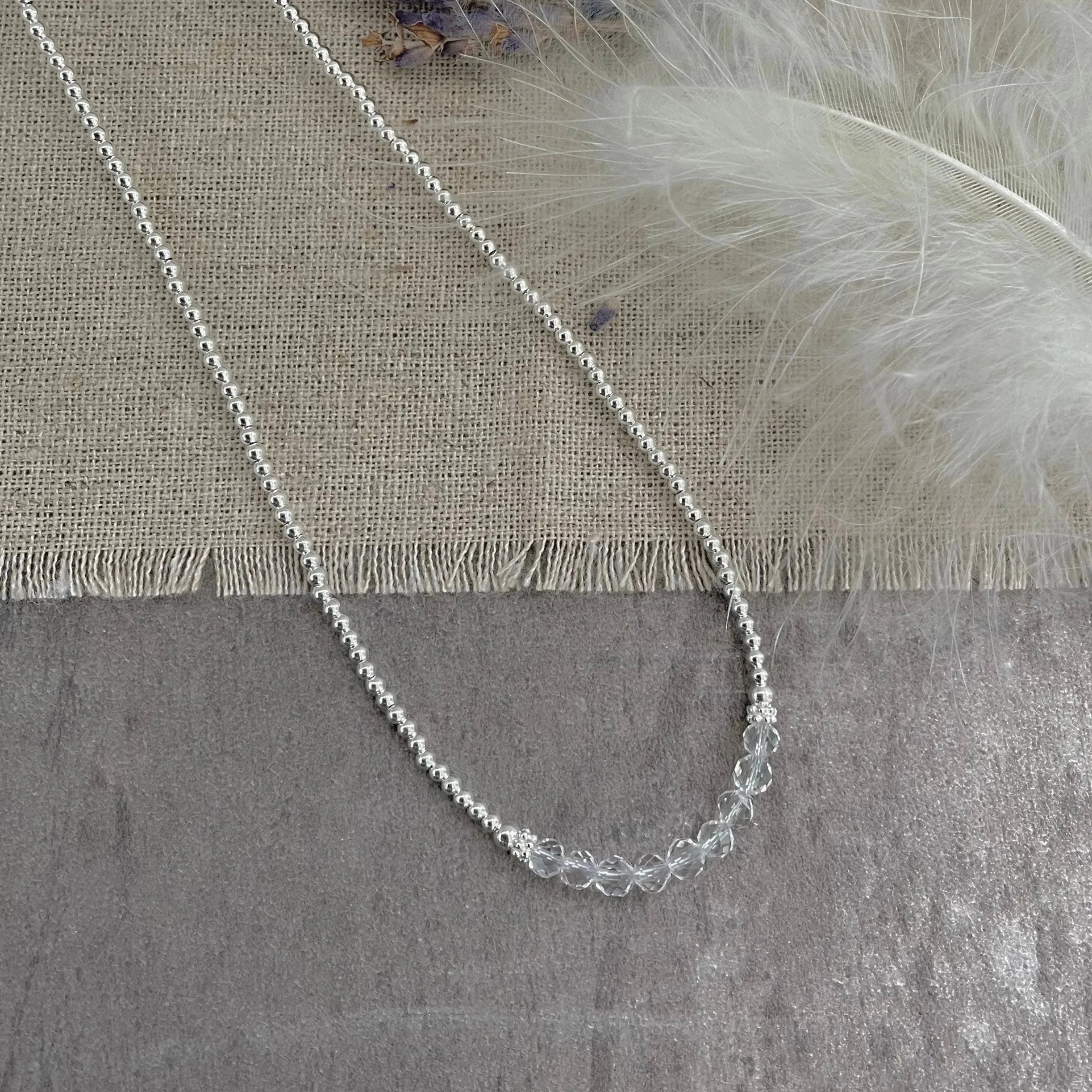 Thin Rock Quartz and Sterling Silver Bead Necklace, April Birthstone