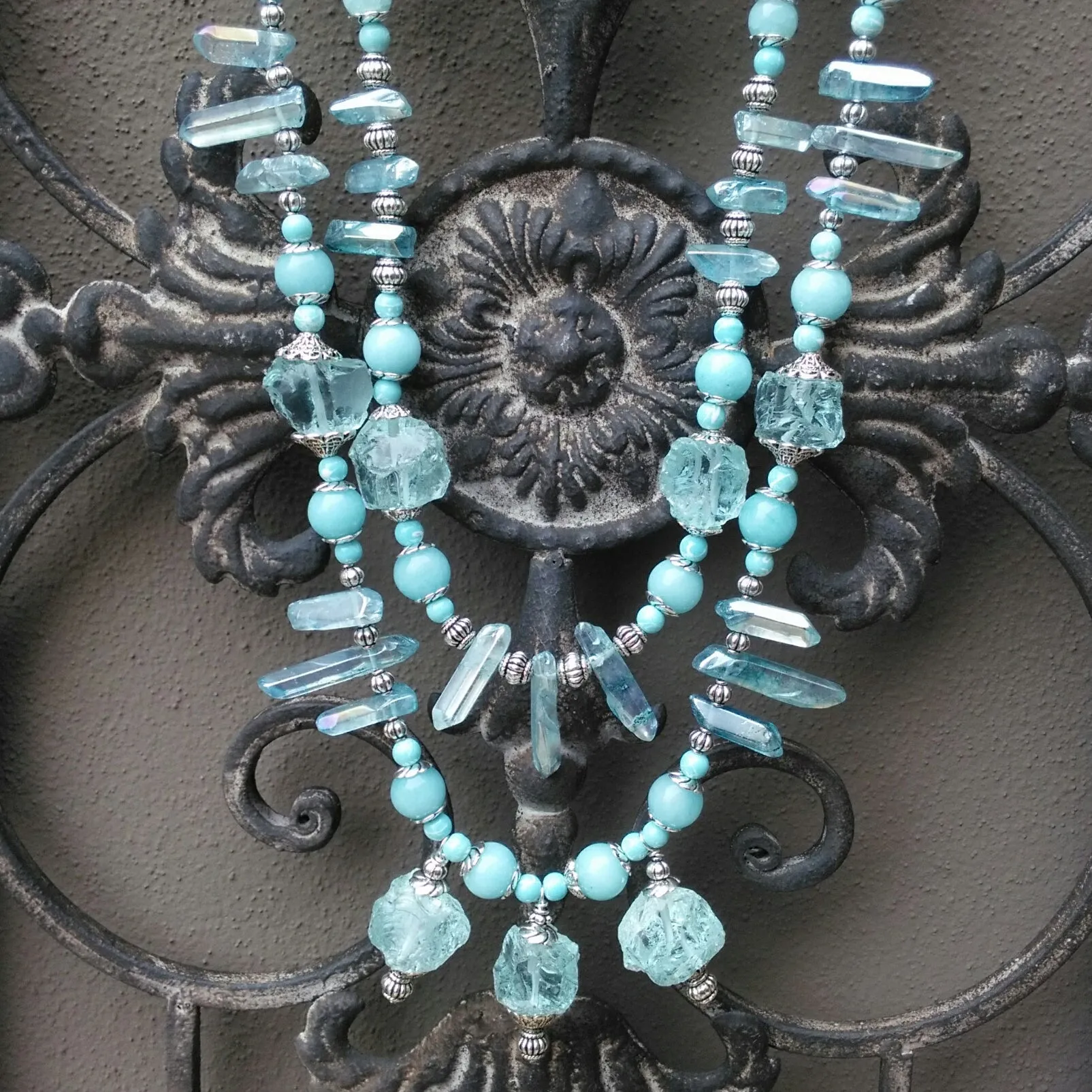 Titanium Amazonite Multi-Strand Statement Necklace, Turquoise Raw Quartz Collar