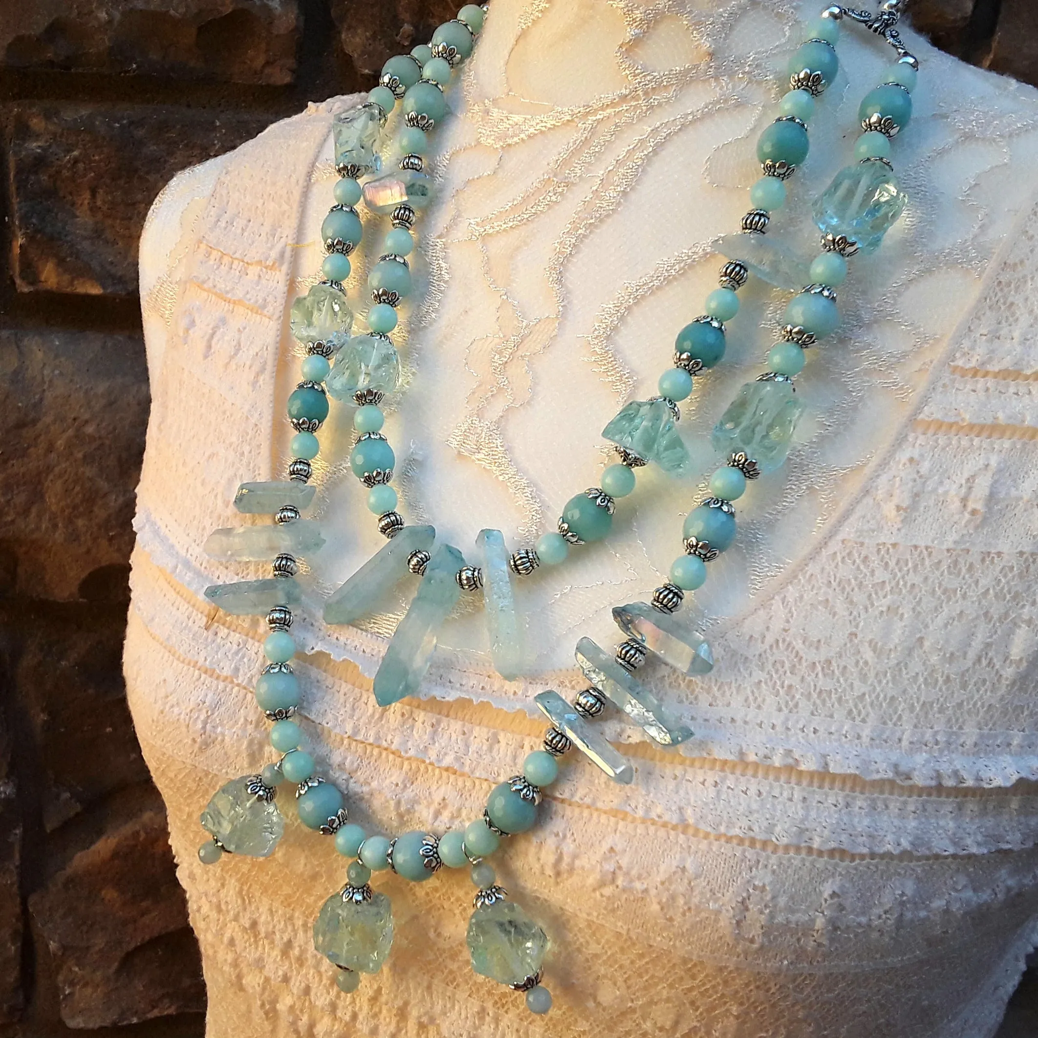 Titanium Amazonite Multi-Strand Statement Necklace, Turquoise Raw Quartz Collar