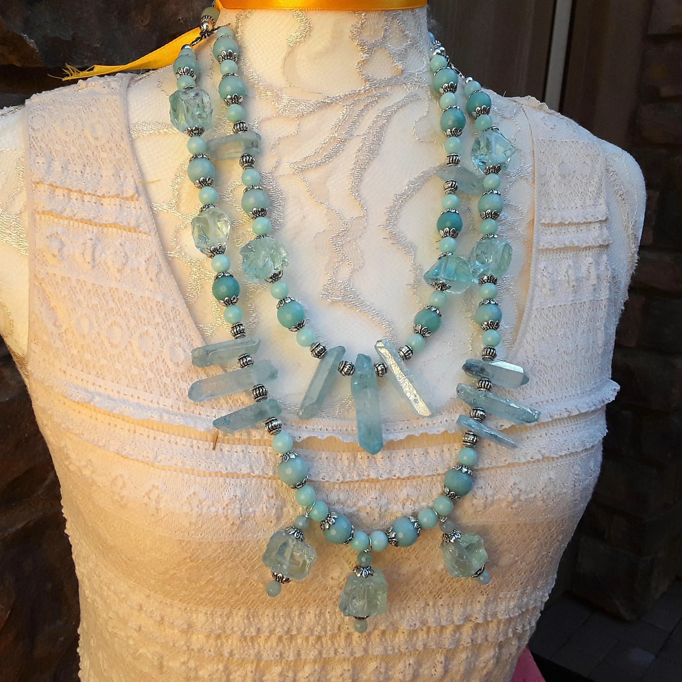 Titanium Amazonite Multi-Strand Statement Necklace, Turquoise Raw Quartz Collar