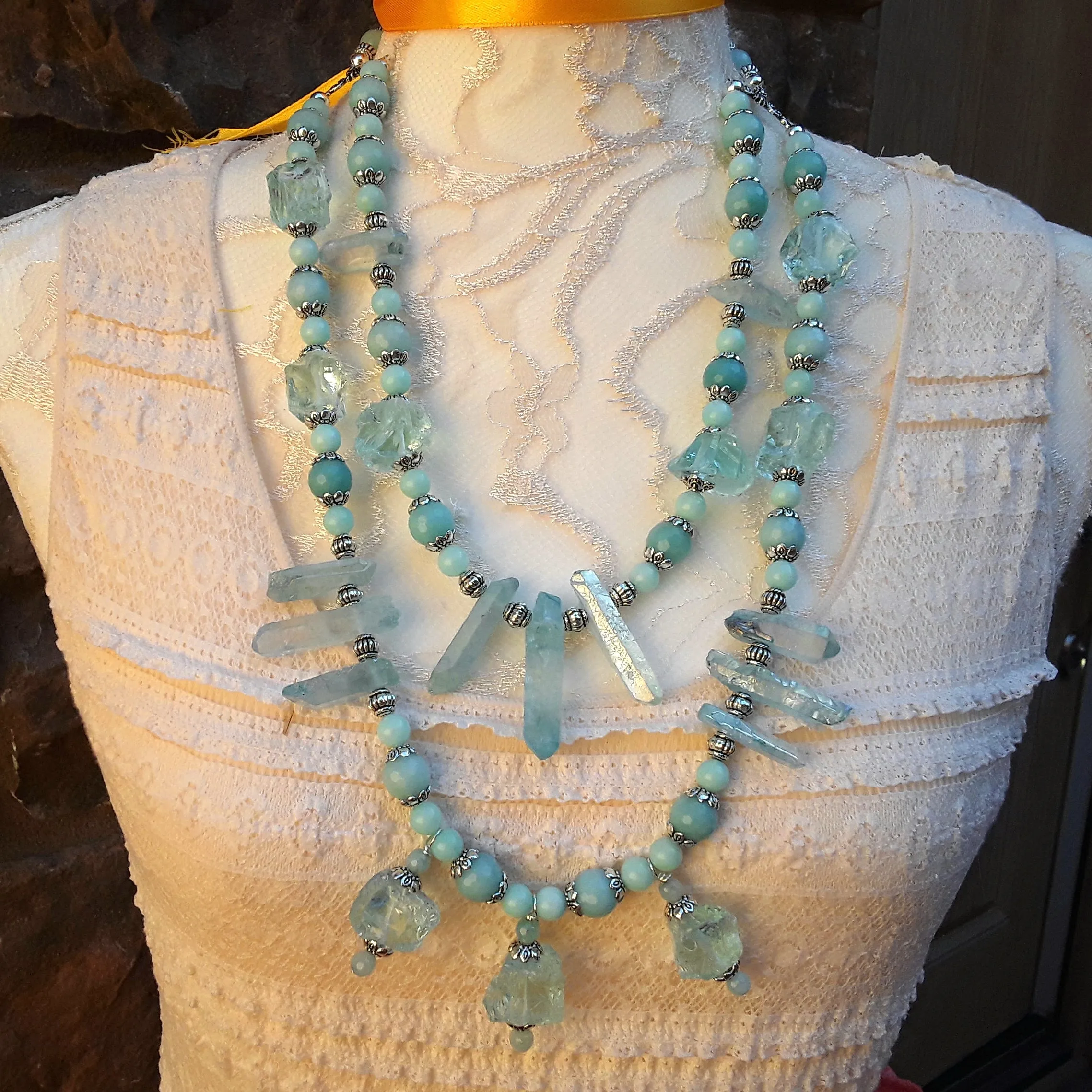 Titanium Amazonite Multi-Strand Statement Necklace, Turquoise Raw Quartz Collar