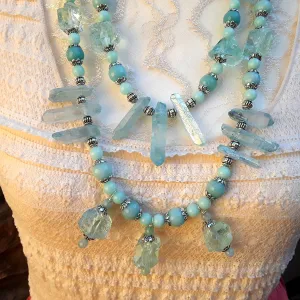 Titanium Amazonite Multi-Strand Statement Necklace, Turquoise Raw Quartz Collar