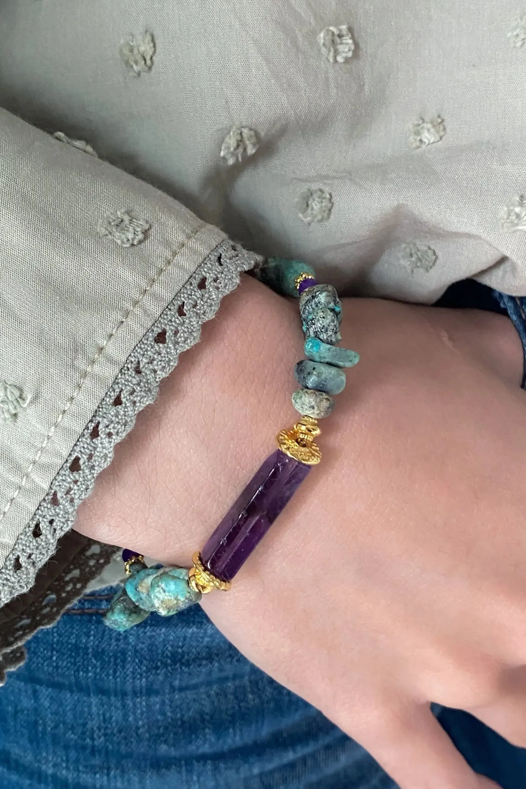 Turquoise & Amethyst Bracelet Heishi Gems Beaded Bracelet Boho Chic Bracelet for Woman Gift for Her