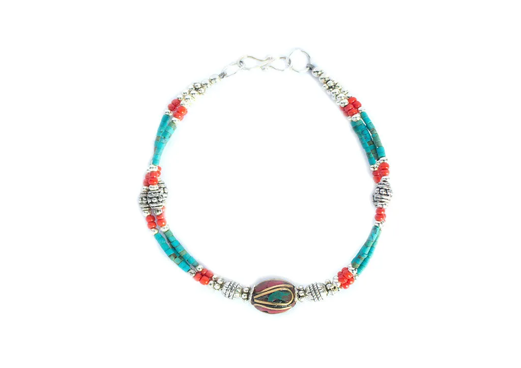 Turquoise and Coral Beads Tibetan Wrist Bracelet