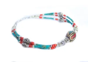 Turquoise and Coral Beads Tibetan Wrist Bracelet