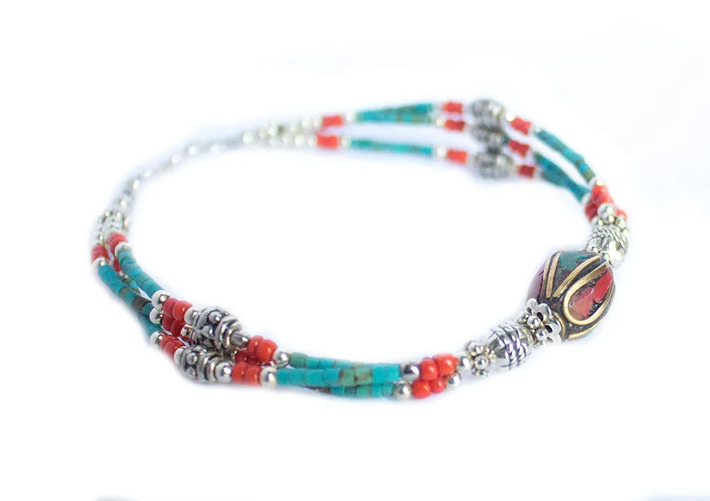 Turquoise and Coral Beads Tibetan Wrist Bracelet