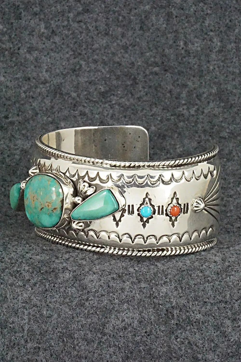 Turquoise, Coral & Sterling Silver Bracelet - Emerson Delgarito