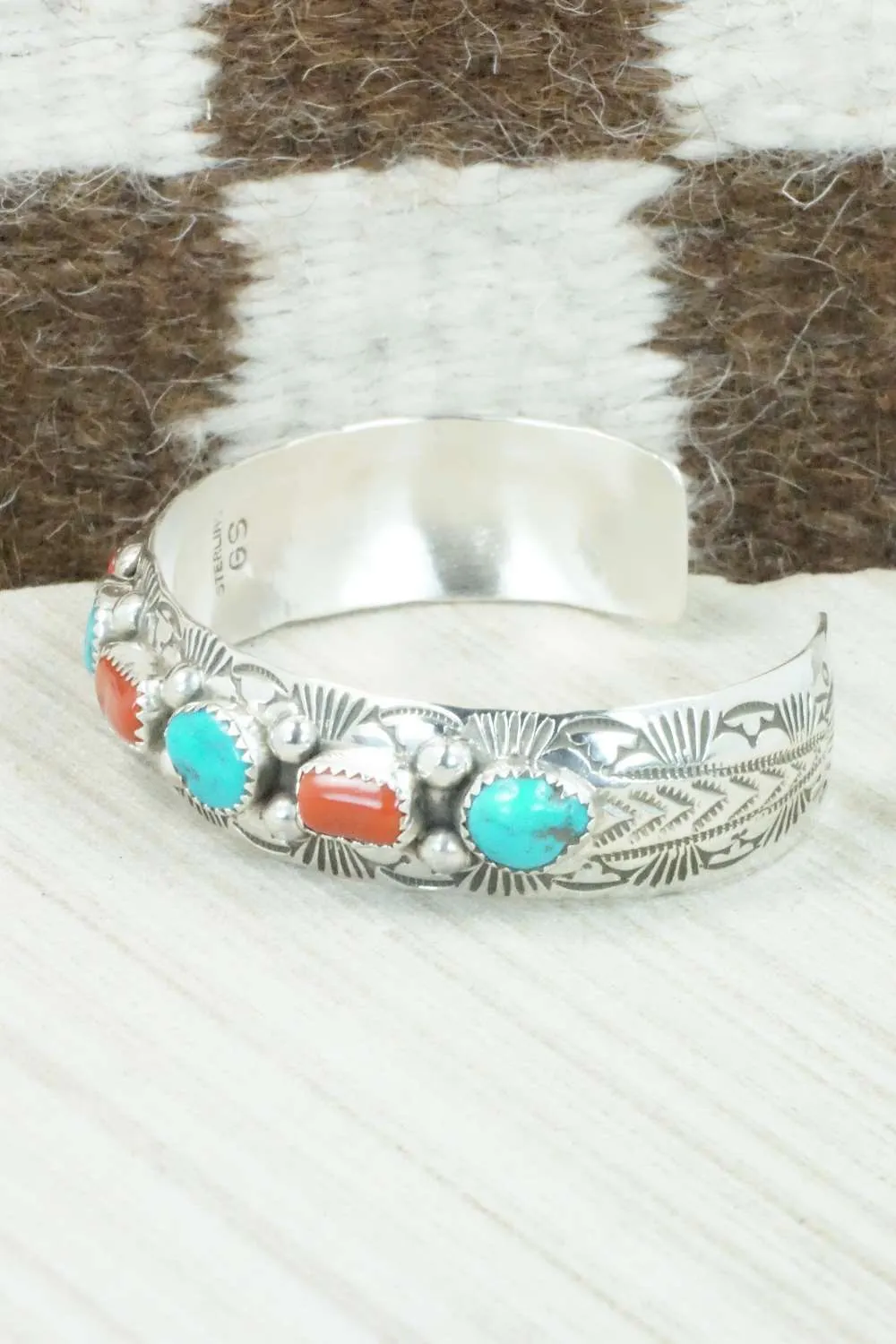 Turquoise, Coral & Sterling Silver Bracelet - Glenn Sandoval