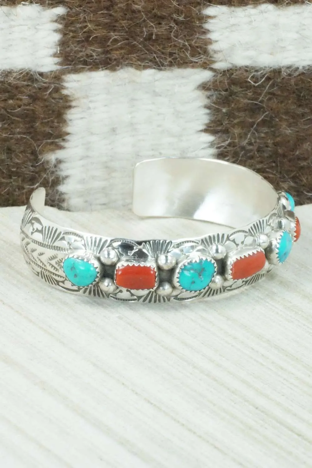 Turquoise, Coral & Sterling Silver Bracelet - Glenn Sandoval