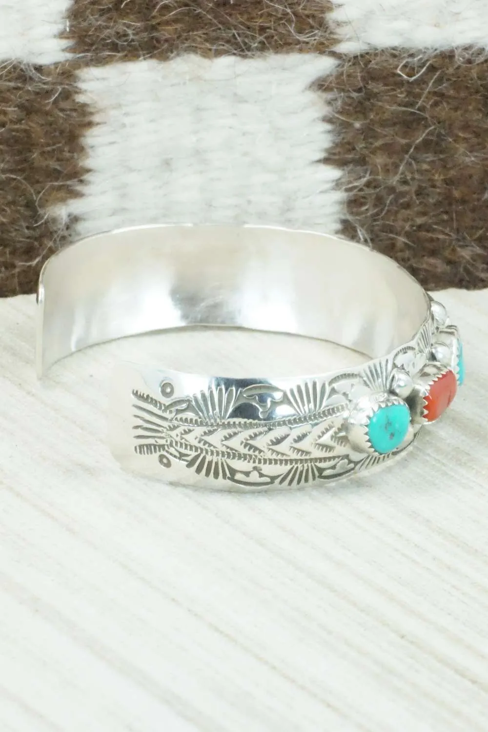 Turquoise, Coral & Sterling Silver Bracelet - Glenn Sandoval