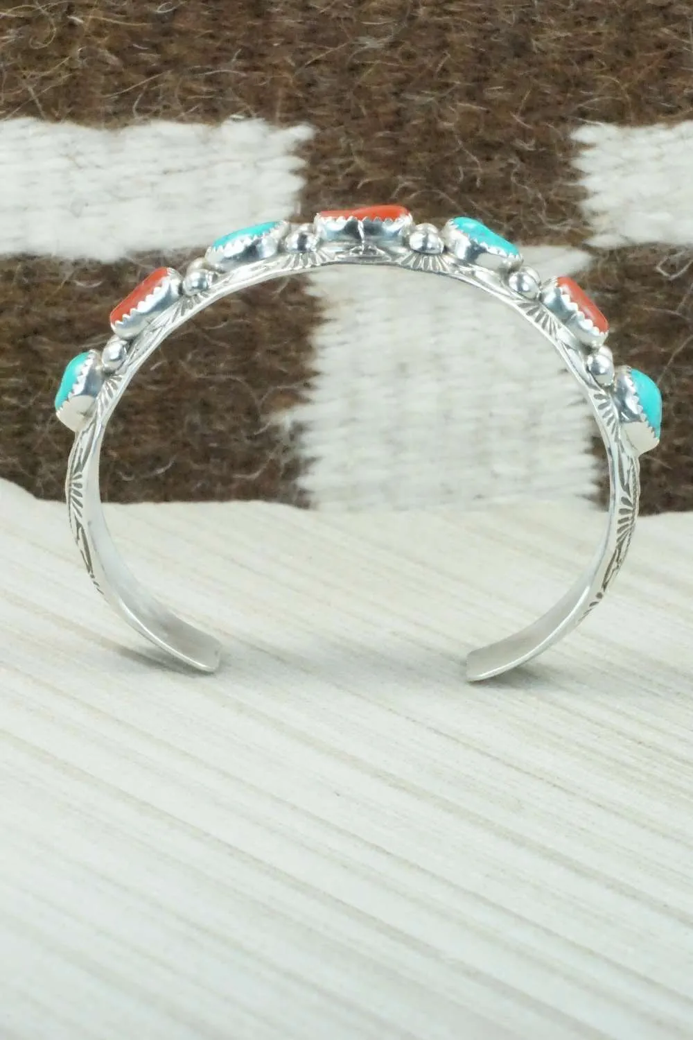 Turquoise, Coral & Sterling Silver Bracelet - Glenn Sandoval