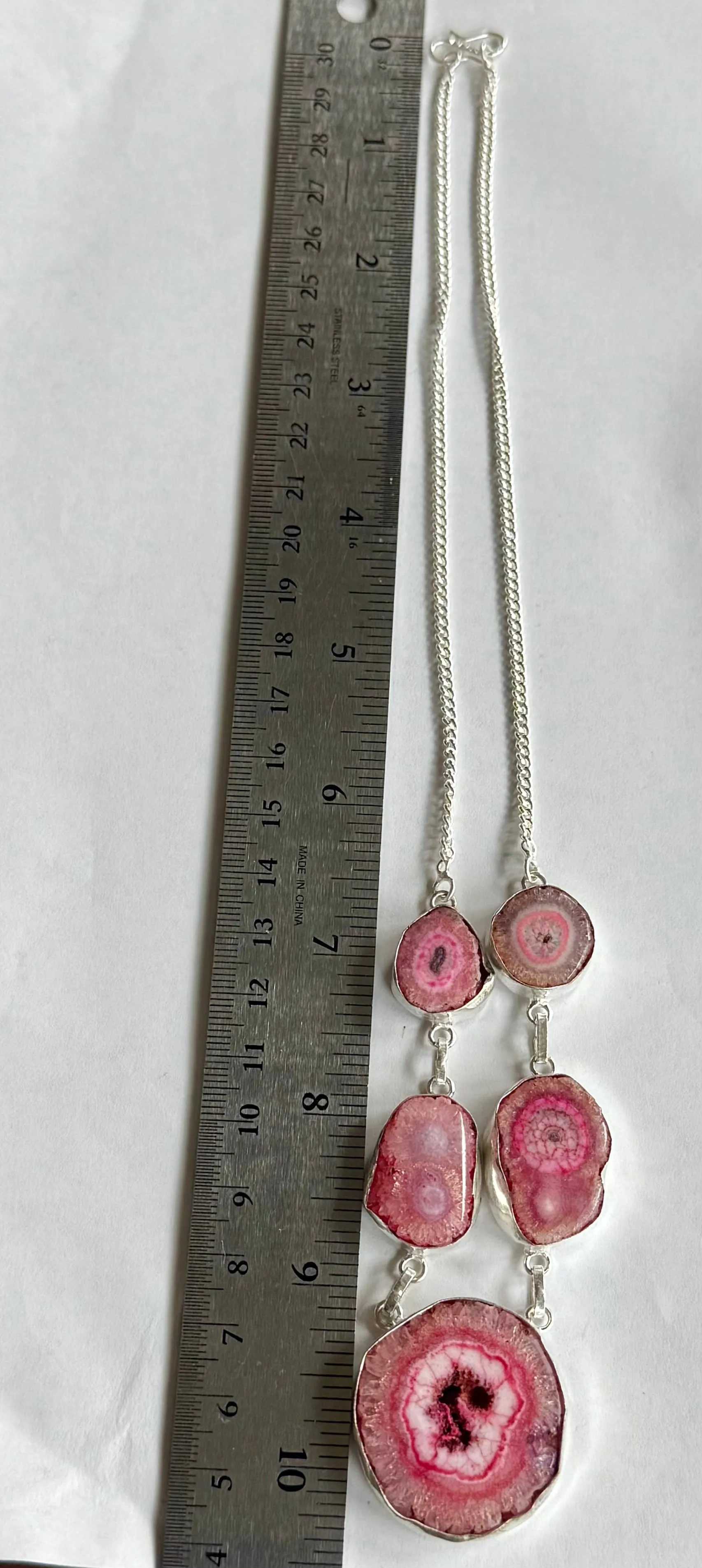 Vibrant Pink Druzy Solar Agate Quartz Gemstone Silver Boho Necklace New