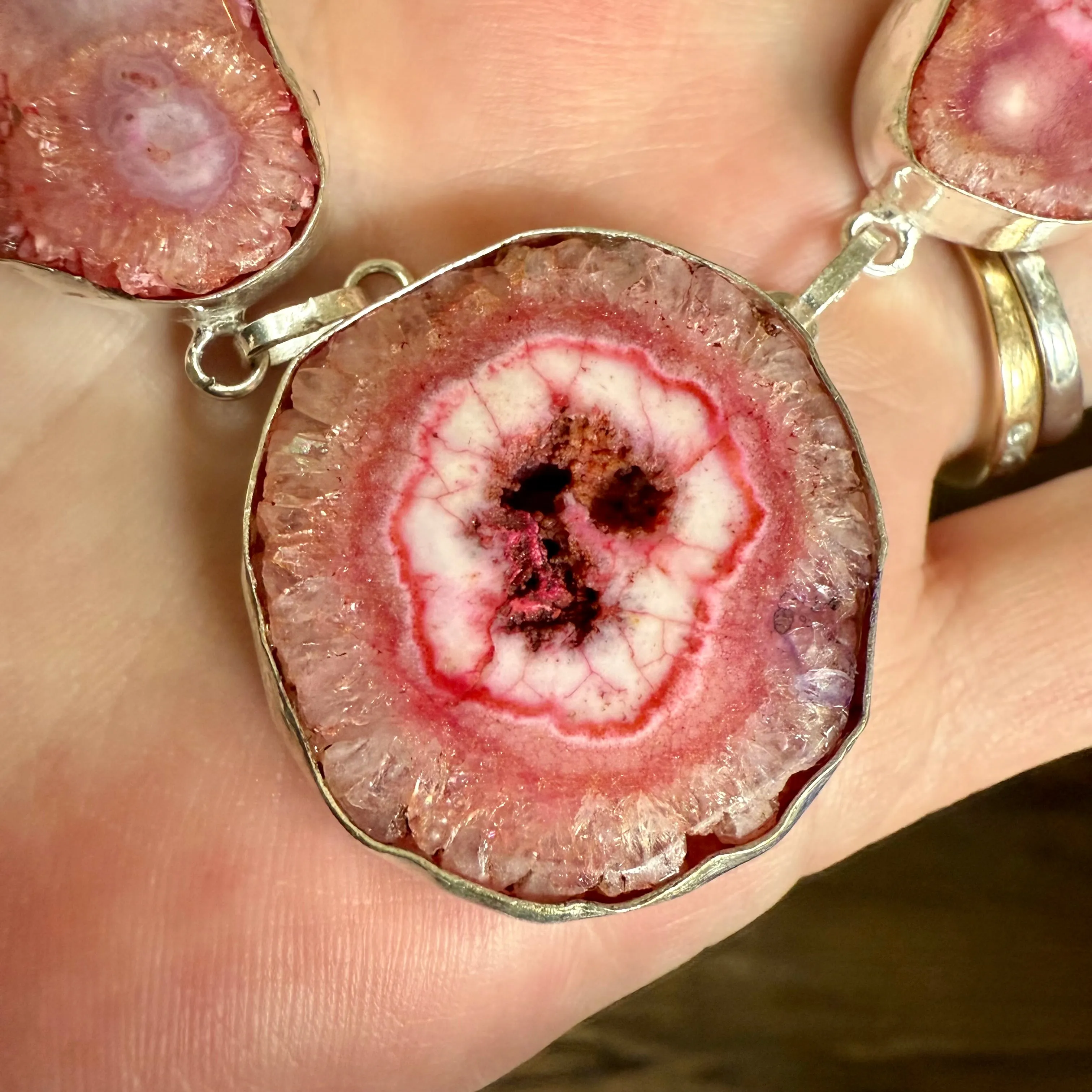 Vibrant Pink Druzy Solar Agate Quartz Gemstone Silver Boho Necklace New