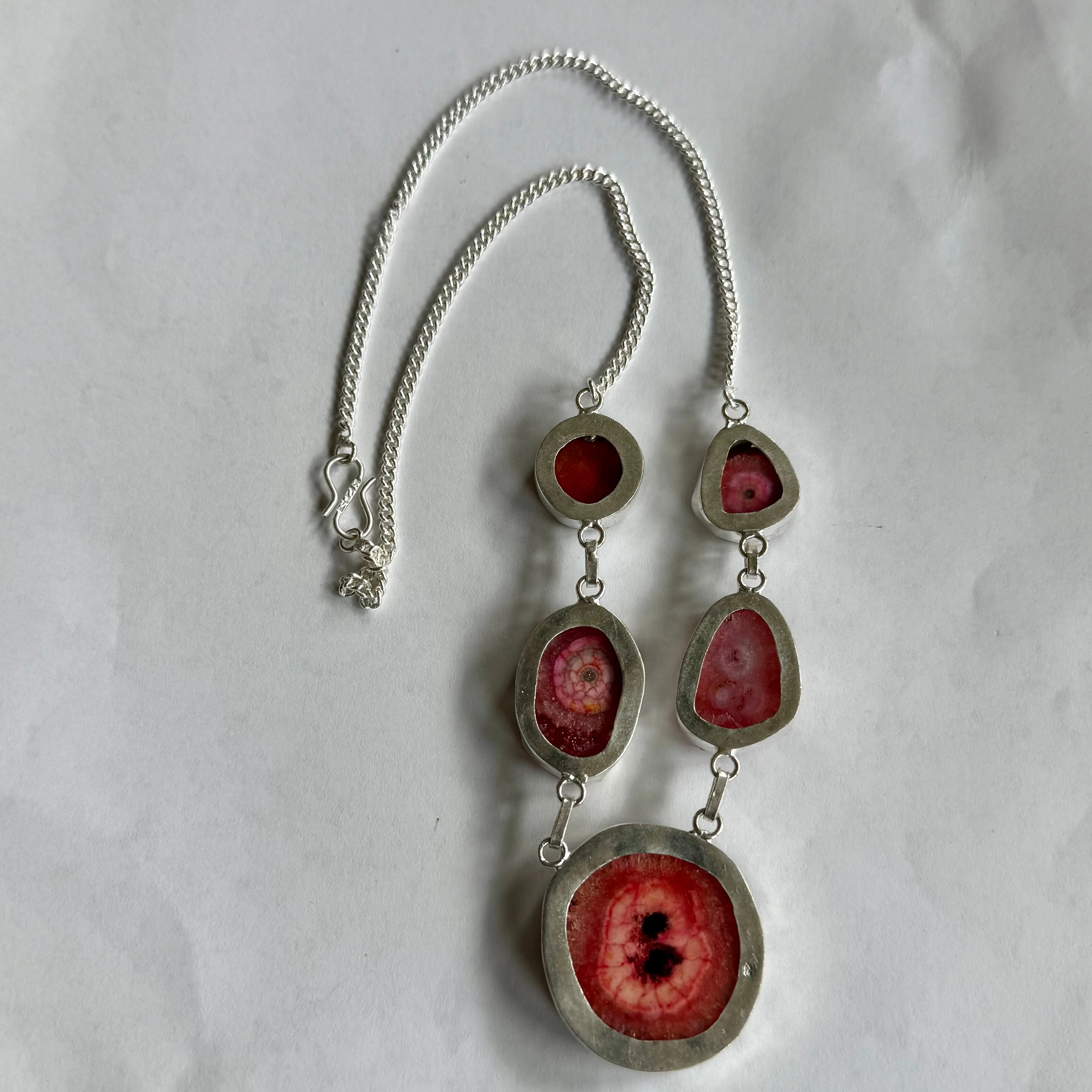 Vibrant Pink Druzy Solar Agate Quartz Gemstone Silver Boho Necklace New