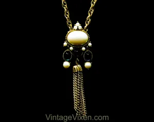 Victorian Revival Necklace by Richelieu - Antique Style Pendant - 60s 70s Faux Pearl Cabochon with Metal Tassel - Red Blue Green Gold White