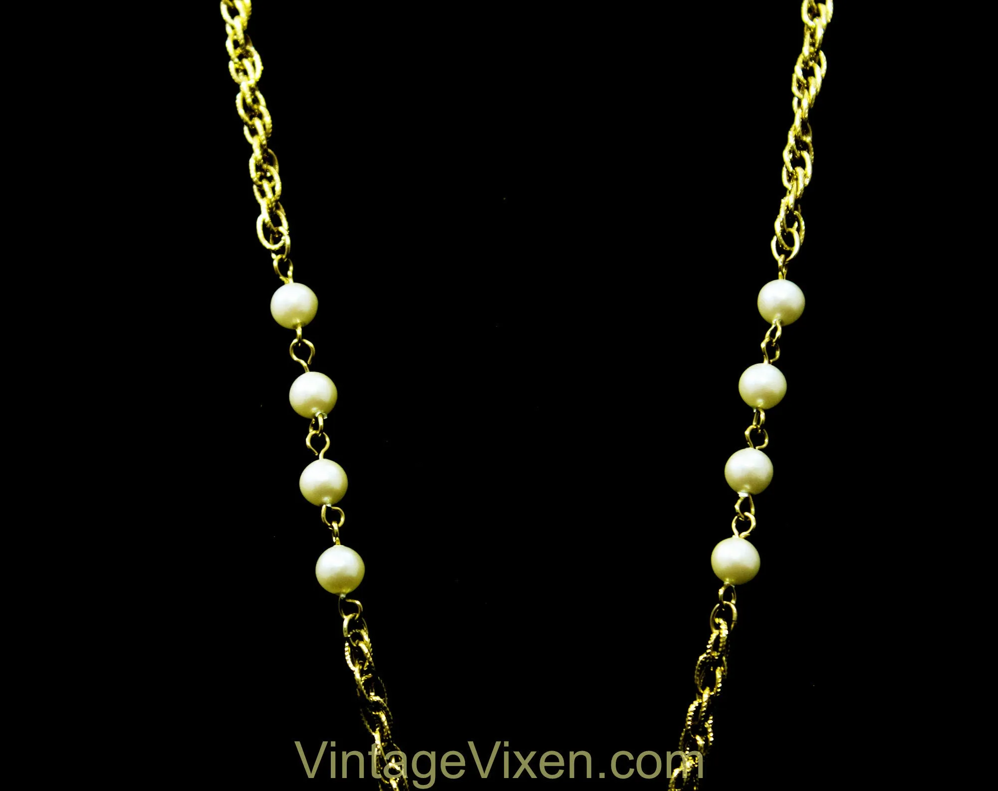 Victorian Revival Necklace by Richelieu - Antique Style Pendant - 60s 70s Faux Pearl Cabochon with Metal Tassel - Red Blue Green Gold White
