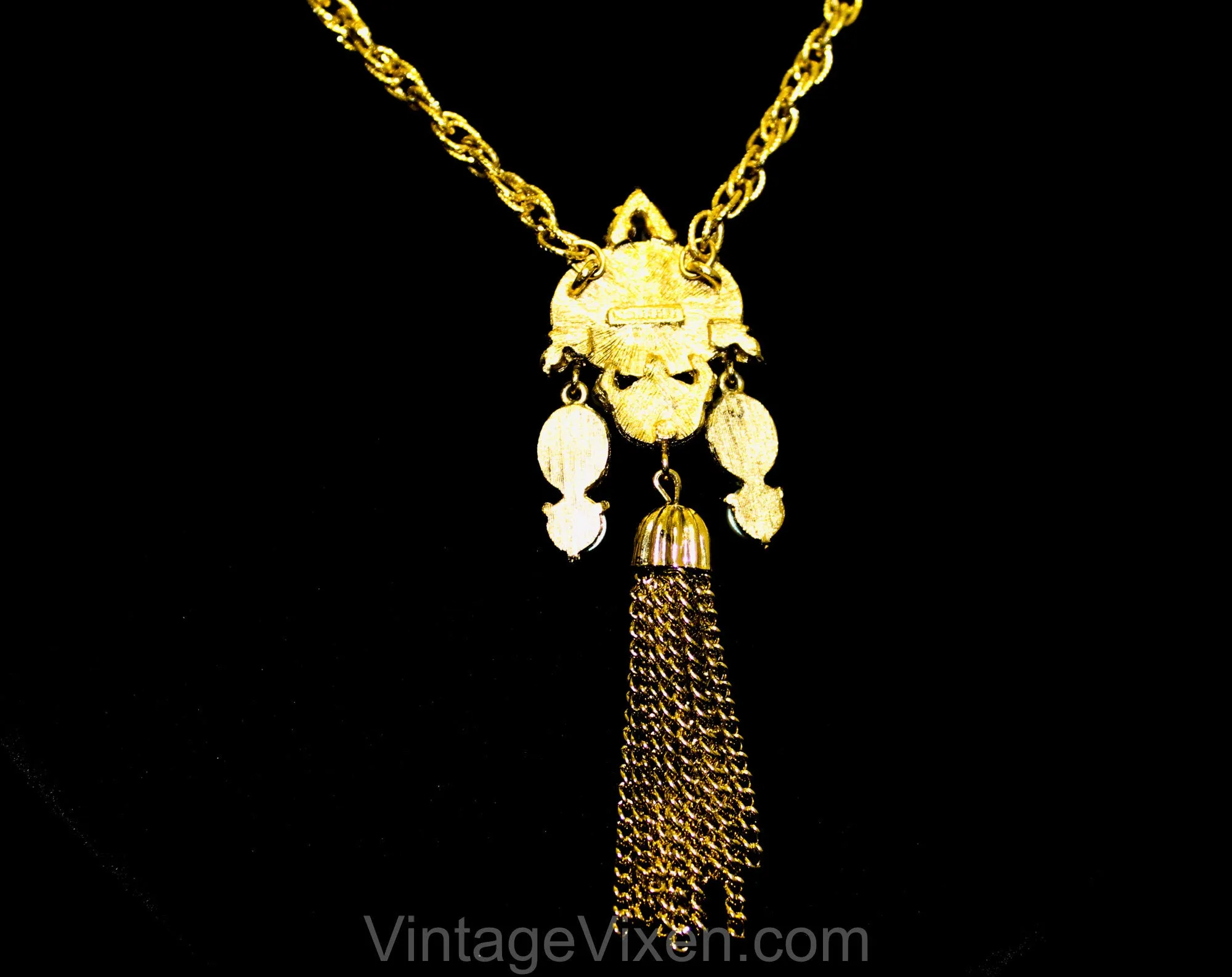 Victorian Revival Necklace by Richelieu - Antique Style Pendant - 60s 70s Faux Pearl Cabochon with Metal Tassel - Red Blue Green Gold White