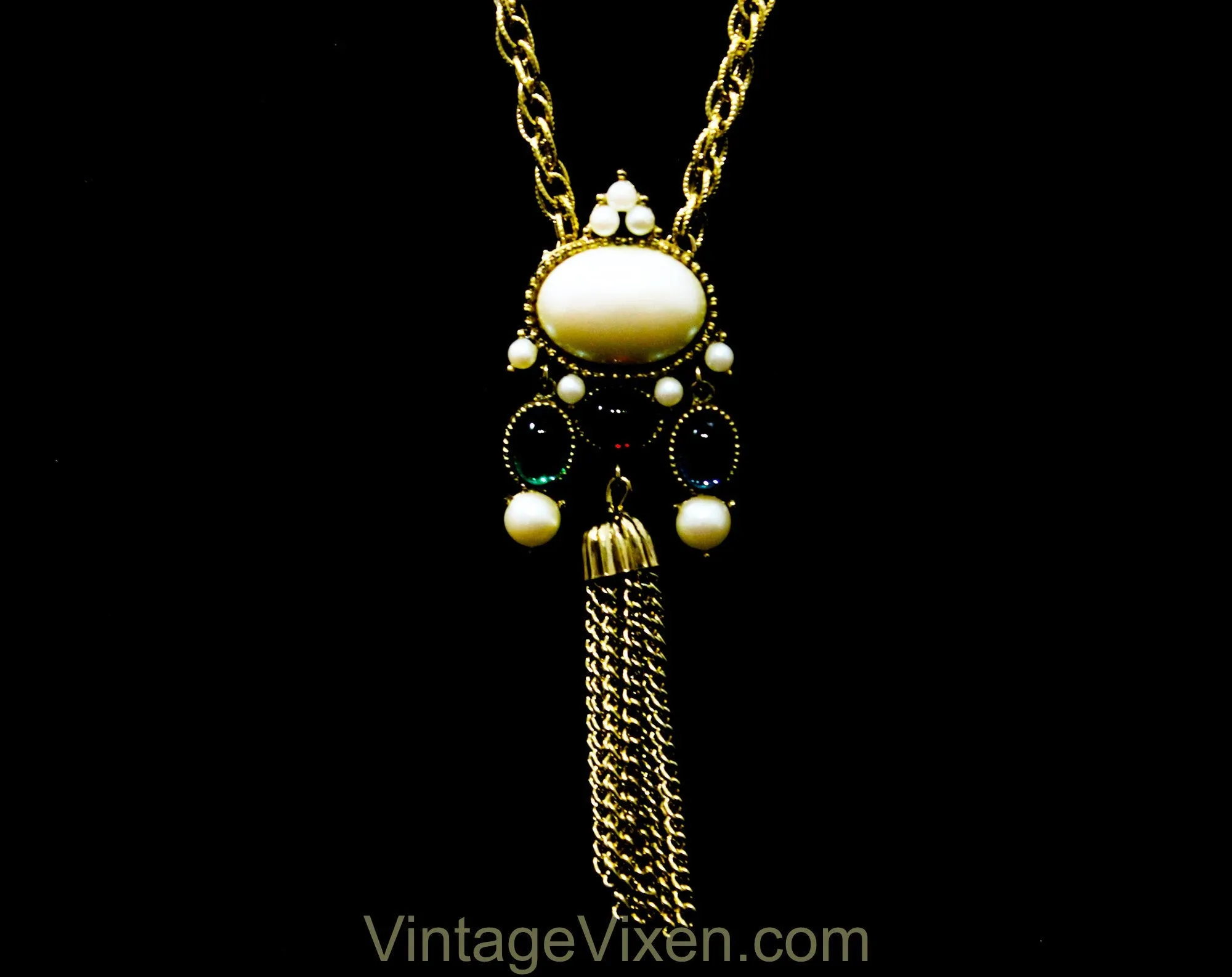 Victorian Revival Necklace by Richelieu - Antique Style Pendant - 60s 70s Faux Pearl Cabochon with Metal Tassel - Red Blue Green Gold White