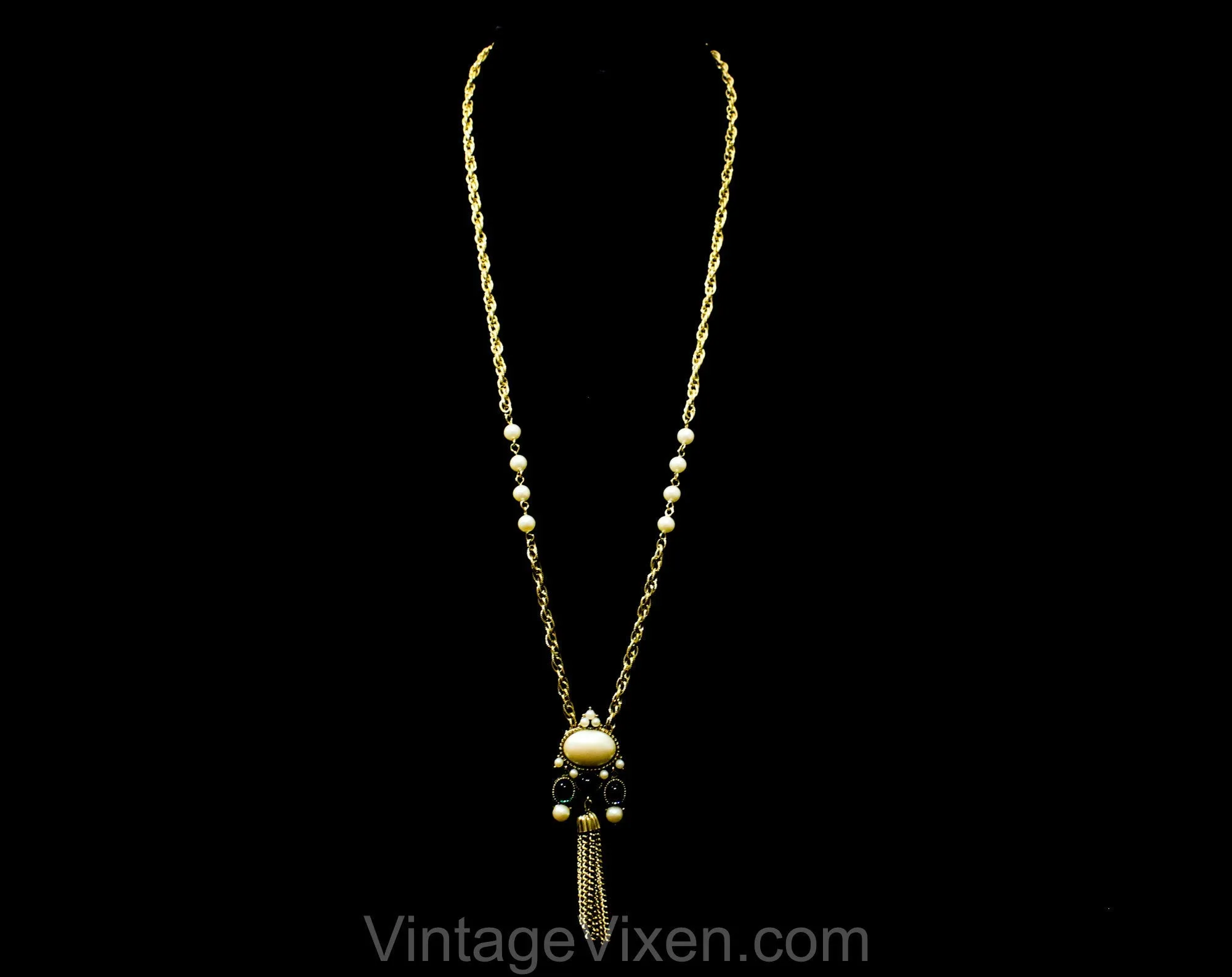 Victorian Revival Necklace by Richelieu - Antique Style Pendant - 60s 70s Faux Pearl Cabochon with Metal Tassel - Red Blue Green Gold White